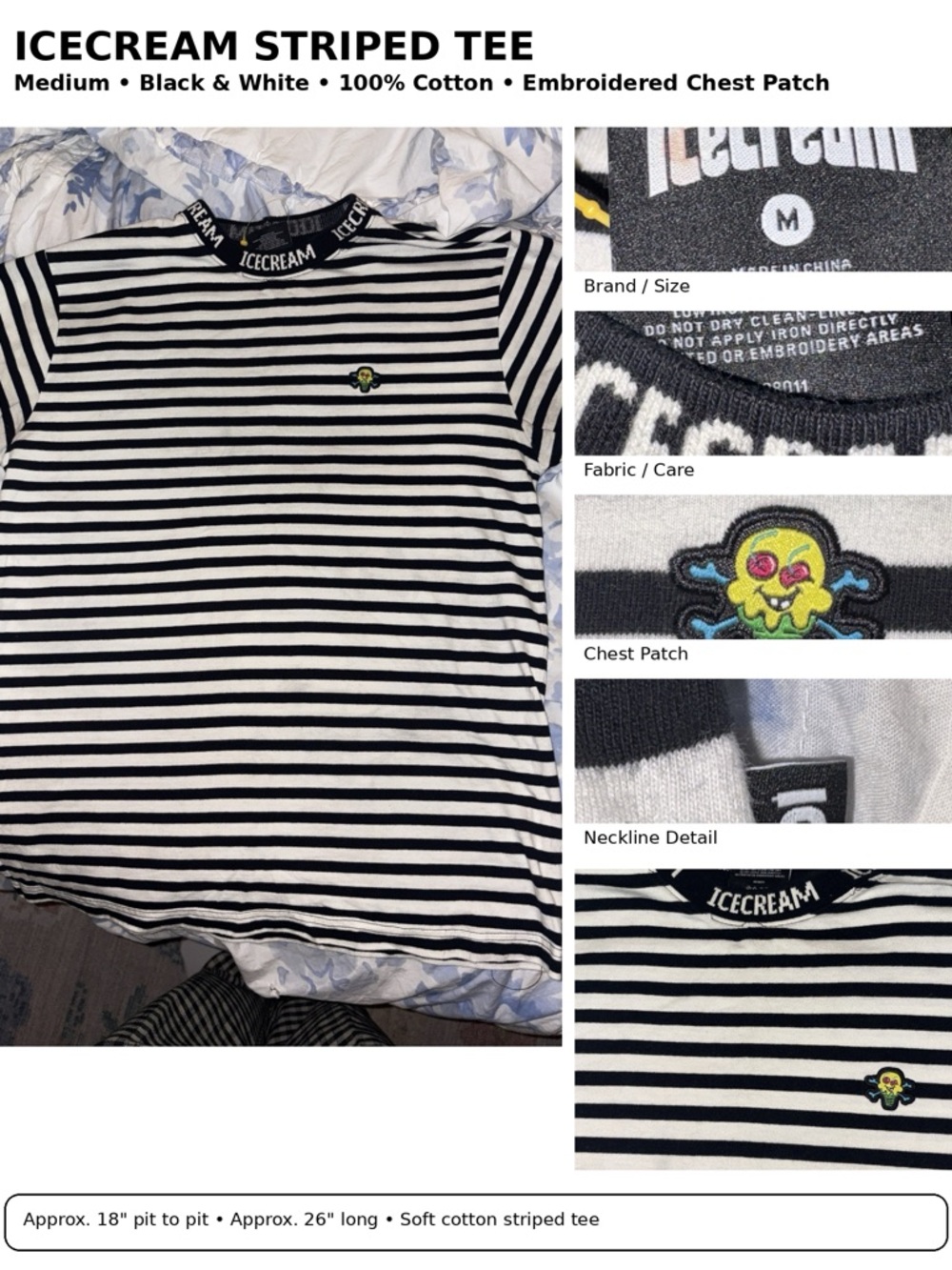 ICECREAM Black White Striped Cotton Tee Shirt Medium